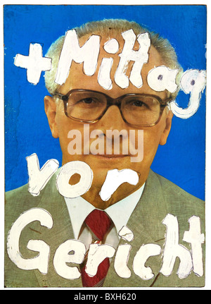 Honecker, Erich, 25.8.1912 - 29.5.1994, deutscher Politiker (SED), Rat der Deutschen Demokratischen Republik 29.10.1976 - 18.10.1989, Porträt, Protestplakat, 1989, Stockfoto