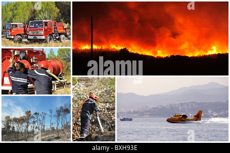 zusammengesetztes Bild auf die Feuerwehrmänner in Aktion und Feuer Stockfoto