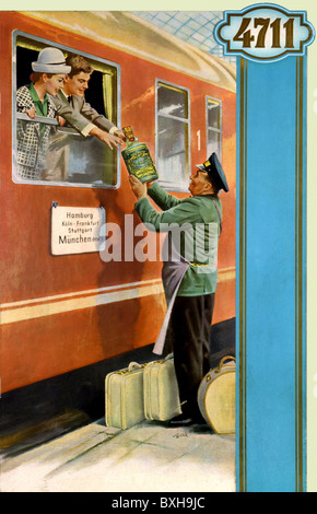 Werbung, Kosmetik, junges Paar am Zugfenster bei der Abfahrt, Gepäckträger mit Flasche 4711 Eau de Cologne, Deutschland, um 1955, Zusatzrechte-Clearences-nicht vorhanden Stockfoto