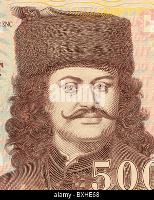 Franz II. Rakoczi (1676-1735) auf 500 Forint 2008 Banknote aus Ungarn. Nationaler Held von Ungarn. Stockfoto