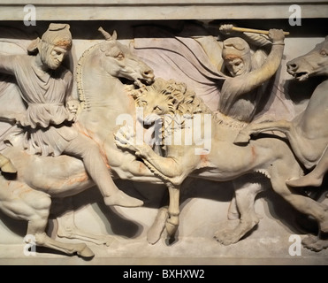 Alexander-Sarkophag (ca. 325-311 v. Chr.), Löwenjagd, Archäologiemuseum, Istanbul, Türkei-100919 36489 Stockfoto