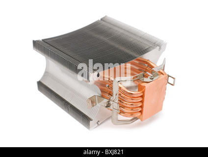 leistungsstarke Kühler für Computer zentrale Prozessoreinheit auf weißem Hintergrund Stockfoto
