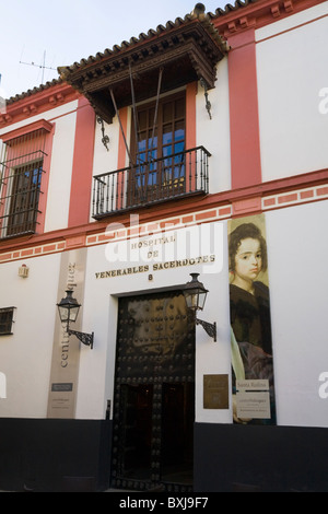 Vorne / Fassade der Kunstgalerie / Museum "Hospital De gekommen Sacerdotes" Plaza de los gekommen, Sevilla, Spanien. Stockfoto