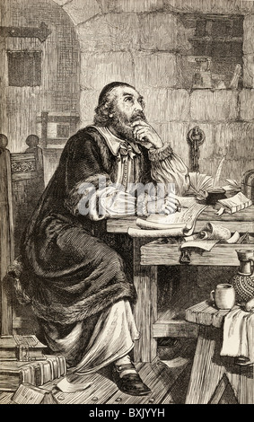 Nicholas Ridley Schreiben von Briefen im Gefängnis, während Ausführung warten. Nicholas Ridley c. 1500-1555. Englisch-Bischof von London. Stockfoto