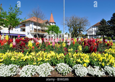 Hauptplatz mit Blumengärten, Nova Petropolis, Rio Grande do Sul, Brasilien Stockfoto