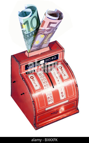 Geld / Finanzen, Spardose, italienische Kasse (um 1930) mit Euro-Banknoten, Deutschland, registrieren, Registrierkassen, Registe Stockfoto