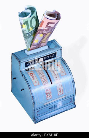 Geld / Finanzen, Spardose, italienische Kasse (um 1930) mit Euro-Banknoten, Deutschland, registrieren, Registrierkassen, Registe Stockfoto