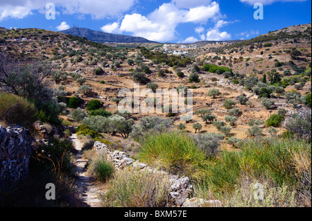 Aufgenommen am byzantinischen Route, Blick auf Paros Landschaft mit Dorf Lefkes in der Ferne. Stockfoto