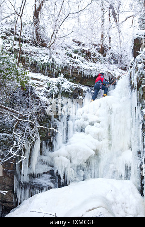 Kletterer an die Spitze von einem gefrorenen Wasserfall (Lynn fällt) außerhalb Dalry in North Ayrshire, Schottland gesichert wird. Eisklettern. Stockfoto