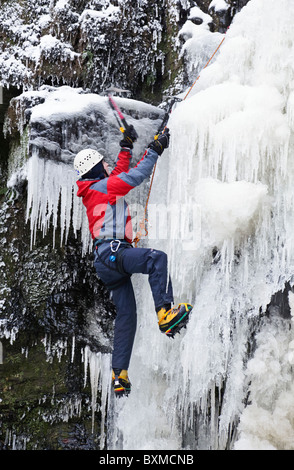 Ein Mann tut ein Eis klettern auf einem gefrorenen Wasserfall (Lynn verliebt sich in Lynn Glen) außerhalb Dalry in North Ayrshire, Schottland, Großbritannien. Stockfoto