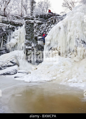 Zwei Männer Eisklettern auf einem gefrorenen Wasserfall (Lynn verliebt sich in Lynn Glen) vor den Toren Dalry in North Ayrshire, Schottland, UK, Stockfoto