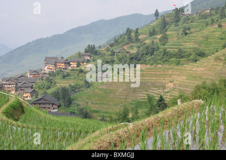 Holzbauten in einer atemberaubenden Landschaft bei Longji Reis Terrasse, Süd-China Stockfoto