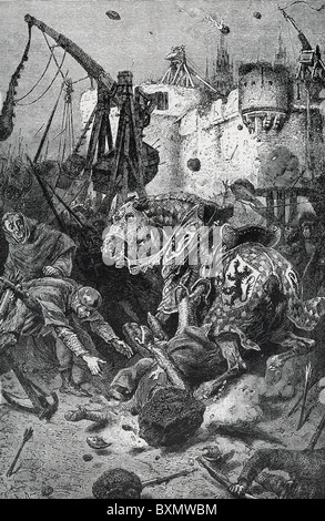 Französischer Adliger Simon de Montfort bei der Belagerung von Toulouse wurde am 25 Juni 1218 durch herausgeschleuderte Stein getötet.