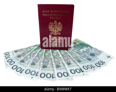 Pass- und Polnisch Geld der Europäischen Union isoliert auf weiss Stockfoto