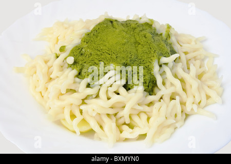 typische ligurische Küche, oft begleitet von Kartoffeln oder grüne Bohnen. Pesto ist eine Sauce aus Basilikum, Parmesan und Pinienkernen Stockfoto