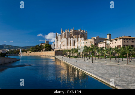 Palma Kathedrale La Seu MALLORCA und Parc de la Mar historische Stadtzentrum über Meer Einlass Mallorca Balearen Spanien gesehen Stockfoto