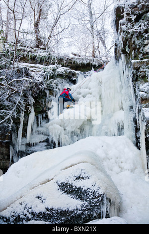 Ein Eiskletterer schaut, wie er einen gefrorenen Wasserfall (Lynn Glen) außerhalb Dalry in North Ayrshire, Schottland, Vereinigtes Königreich klettert Stockfoto