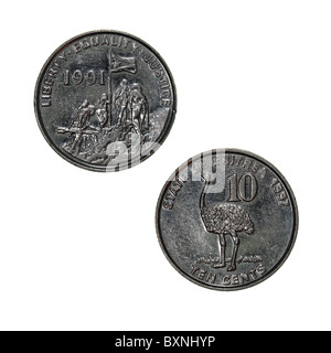 Münze des Staates Eritrea - 10 Cent, mit einem gemeinen Ostrich (Struthio camelus) auf dem Revers und Soldaten auf dem Obverse. Stockfoto