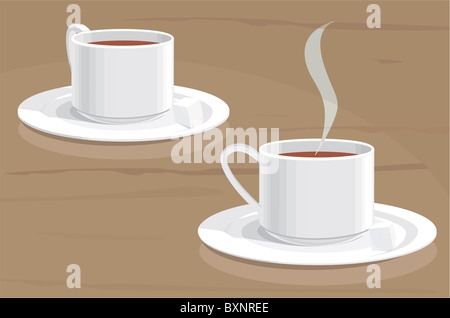 Zwei weiße Teetassen und Untertassen auf einem Tisch. Auf Untertassen - Zucker-Scheiben. Stockfoto