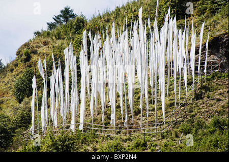 Beerdigung Gebetsfahnen am Pele La Pass (3420m), schwarzen Berge, Bhutan Asien Stockfoto