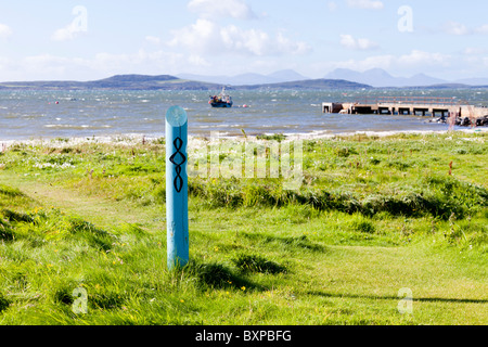 Bohnenstroh auszuschildern Kintyre dafür an Tayinloan auf der Halbinsel Kintyre, Argyll & Bute, Schottland. Gigha und Jura sind sichtbar Stockfoto