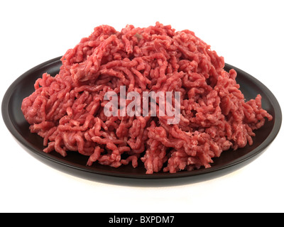 Raw nicht gegartem Rindfleisch Hackfleisch auf einem Teller bereit für das Kochen oder eine Mahlzeit gegen einen weißen Hintergrund mit keine Menschen und Kopieren Raum Stockfoto