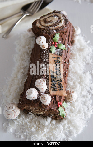 Buche de Noel Kuchen (französische Weihnachtskuchen) Stockfoto