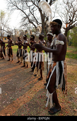 Stammes-Sänger tanzen in Viktoriafälle, Simbabwe. Stockfoto