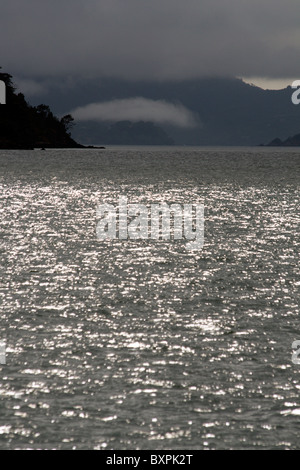 Die Sonne funkelt auf dem Meer in New Zealand Bay of Islands Stockfoto