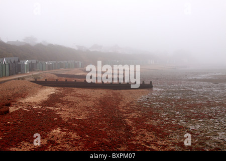 Strand-Abwehr und Hütten im Nebel Stockfoto