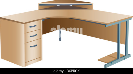 Drei dimensionale Darstellung der abgewinkelten moderne hölzerne Office Eckschreibtisch oder Workstation, isoliert auf weißem Hintergrund. Stockfoto