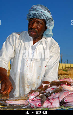 Dunkel-enthäutete Fischhändler schneiden frischer Fisch auf einem freien Markt Abwürgen, Sur, Sultanat von Oman Stockfoto