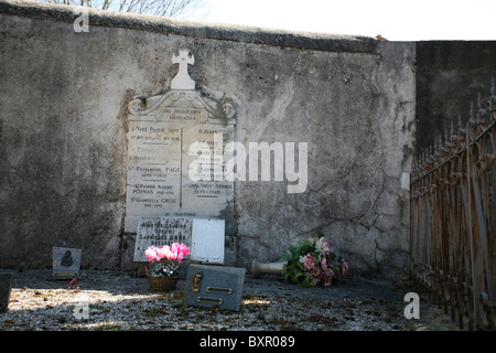 Eine Familie Grabstätte mit Ornamenten und Topfblumen, in einem französischen Friedhof. Stockfoto