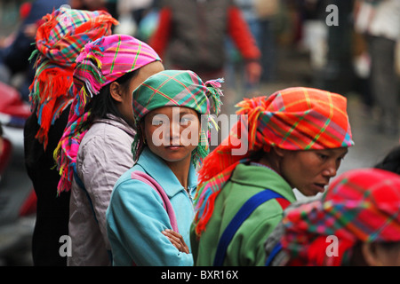 Blume Hmong ethnische Minderheit / Hügel Stamm Weibchen verkaufen ihre Waren am Straßenrand in Sapa, Nordvietnam Stockfoto