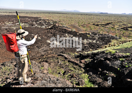 Geologe anzeigen Lava fließt von Seite der Tecolote Schlackenkegel, El Pinacate Biosphärenreservat, Sonora, Mexiko Stockfoto