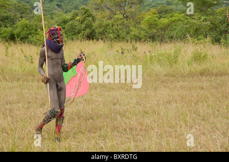 Donga-Stock-Kampf-Zeremonie, Surma Stamm, Tulgit, Omo-Tal, Äthiopien, Afrika Stockfoto