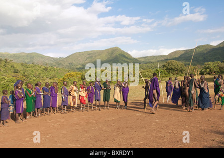 Donga-Stock-Kampf-Zeremonie, Surma Stamm, Tulgit, Omo-Tal, Äthiopien, Afrika Stockfoto