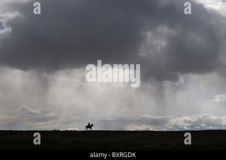 Silhouette von einem einsamen Pferd und Reiter unter einem großen Himmel Stockfoto