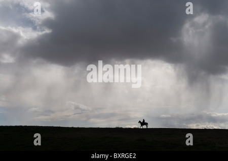 Silhouette von einem einsamen Pferd und Reiter unter einem großen Himmel Stockfoto