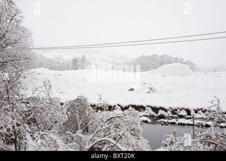 Starker Schneefall beschweren telegraph Kabel unter Loughrigg, Ambleside im Lake District, UK. Stockfoto