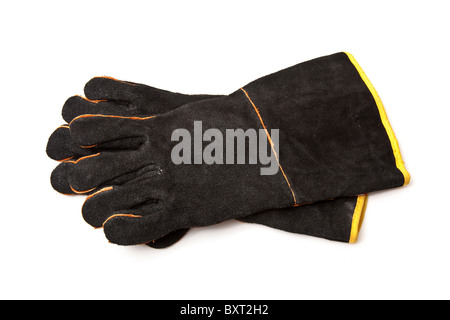 Schwarze Wildleder Lederhandschuhe oder Stulpen isoliert auf einem weißen Studio-Hintergrund. Stockfoto