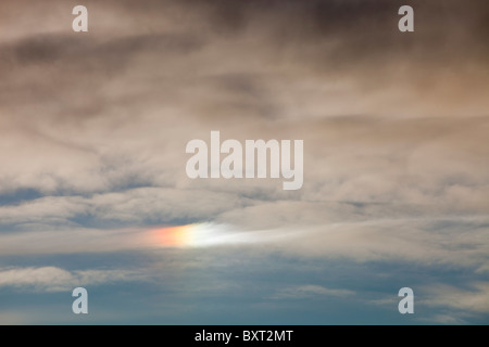 Sonne-Hund oder Parhelion von der Sonne reflektiert Eiskristalle in hohe Wolke verursacht. Stockfoto