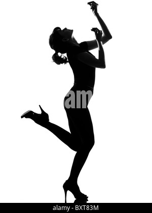voller Länge Silhouette im Schatten von einer jungen Frau Ancing Flamenco im Studio auf weißen Hintergrund isoliert Stockfoto