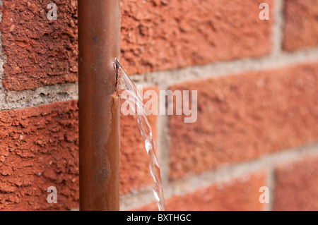 Wasser, das aus einer Kupfer Wasser Rohrbruch, die durch das Einfrieren Eis eingebrochen. Stockfoto