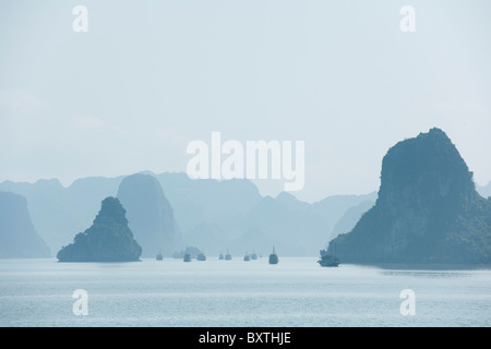 Boote in nebligen Halong Bucht, Vietnam Stockfoto