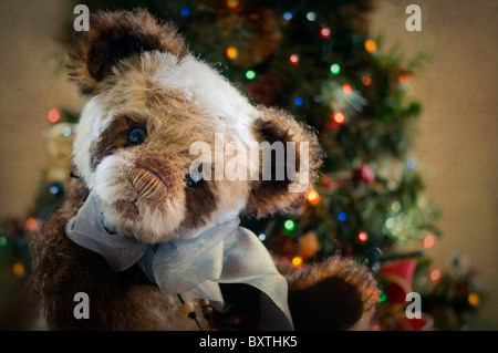 Ein Teddybär vor einem Weihnachtsbaum Stockfoto