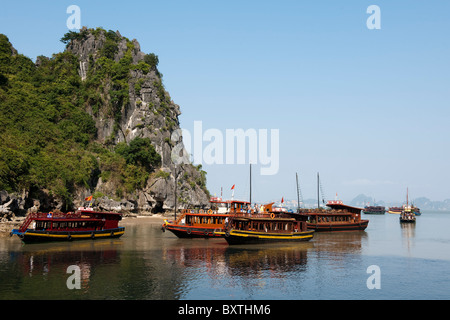 Ausflugsboote Andocken an Dau Go Insel Besuch eine Höhle, Halong Bucht, Vietnam Stockfoto