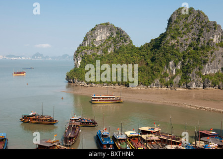 Ausflugsboote Andocken an Dau Go Insel Besuch eine Höhle, Halong Bucht, Vietnam Stockfoto