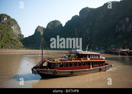 Ausflugsboote Andocken an Dau Go Insel Besuch eine Höhle, Halong Bucht, Vietnam Stockfoto