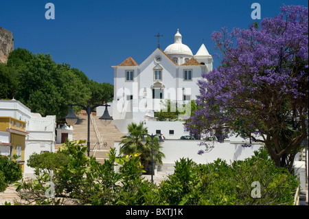 Portugal, der Ost-Algarve Castro Marim Pfarrkirche mit einem Jacvaranda Baum In Blüte Stockfoto